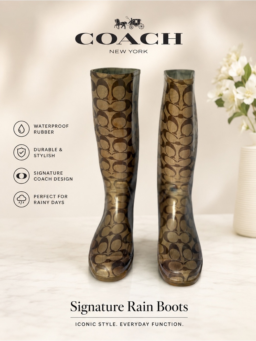 Coach Brown Signature Monogram Rain Boots | Size 7 | Y2K Festival
